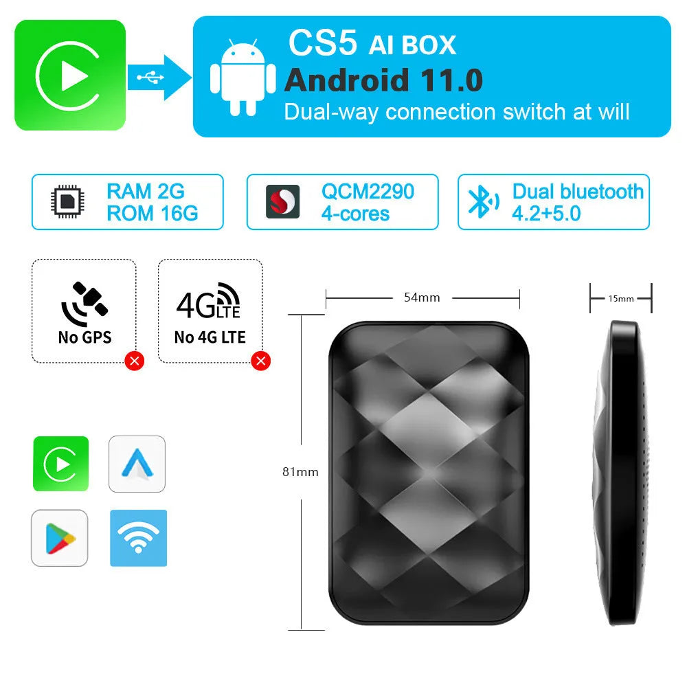 Android 11 wireless car smart box upgrade unit with ABS plastic casing showing dimensions