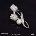 Silver tulip coloured flower brooch with micro-inlaid zircon detailing on electroplated alloy