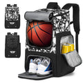 Black oxford cloth basketball training backpack with large main compartment.