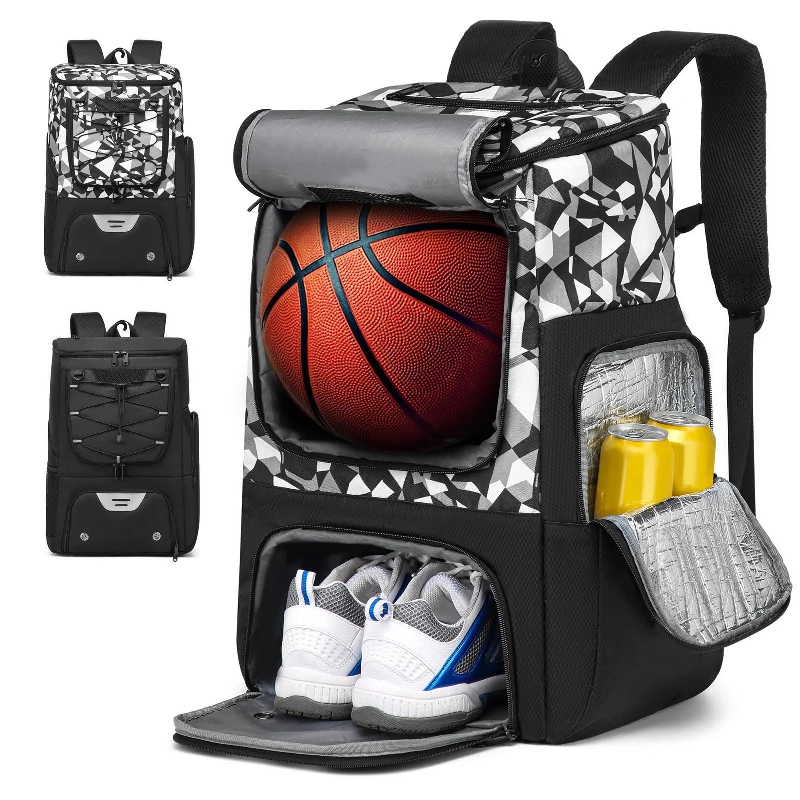Black oxford cloth basketball training backpack with large main compartment.