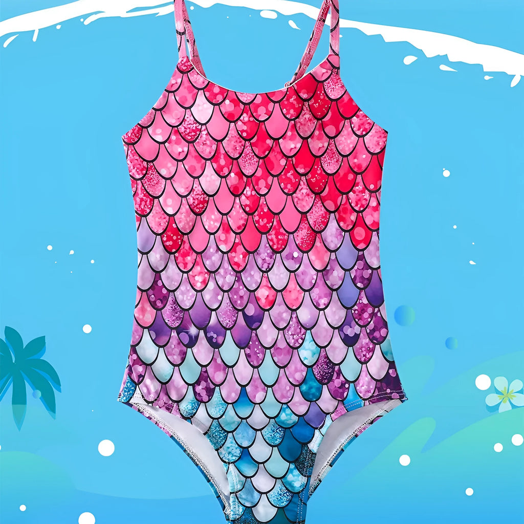 Girls' mermaid pattern one-piece swimsuit in briefs style for swimming and wading activities