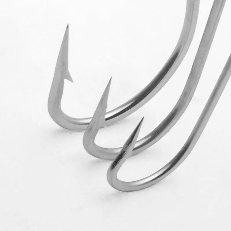 Assortment of alloy sea fishing hooks in various sizes from Style1 to Style14 on a blue background