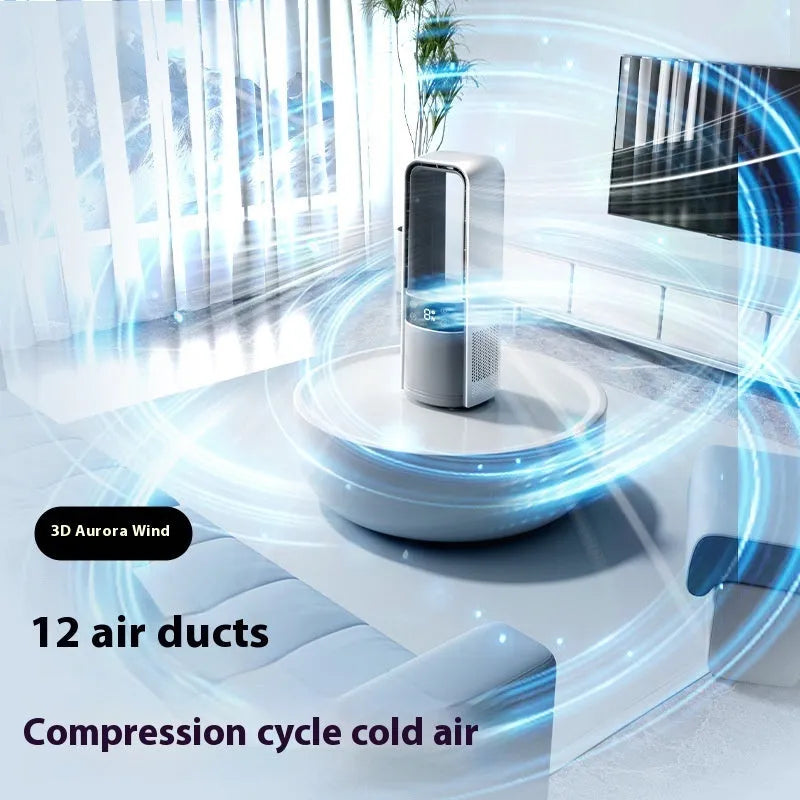 Bladeless twin-turbo ice-sensing fan in light gray with remote control, six speeds, night light, 3500mAh