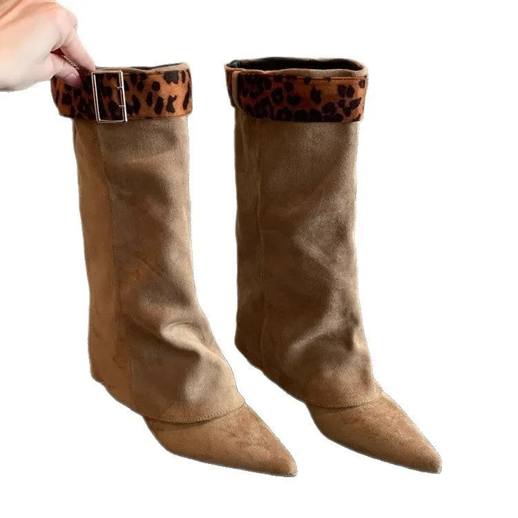 Retro Western slimming belt buckle mid-calf boots in black with square toe and lace-up