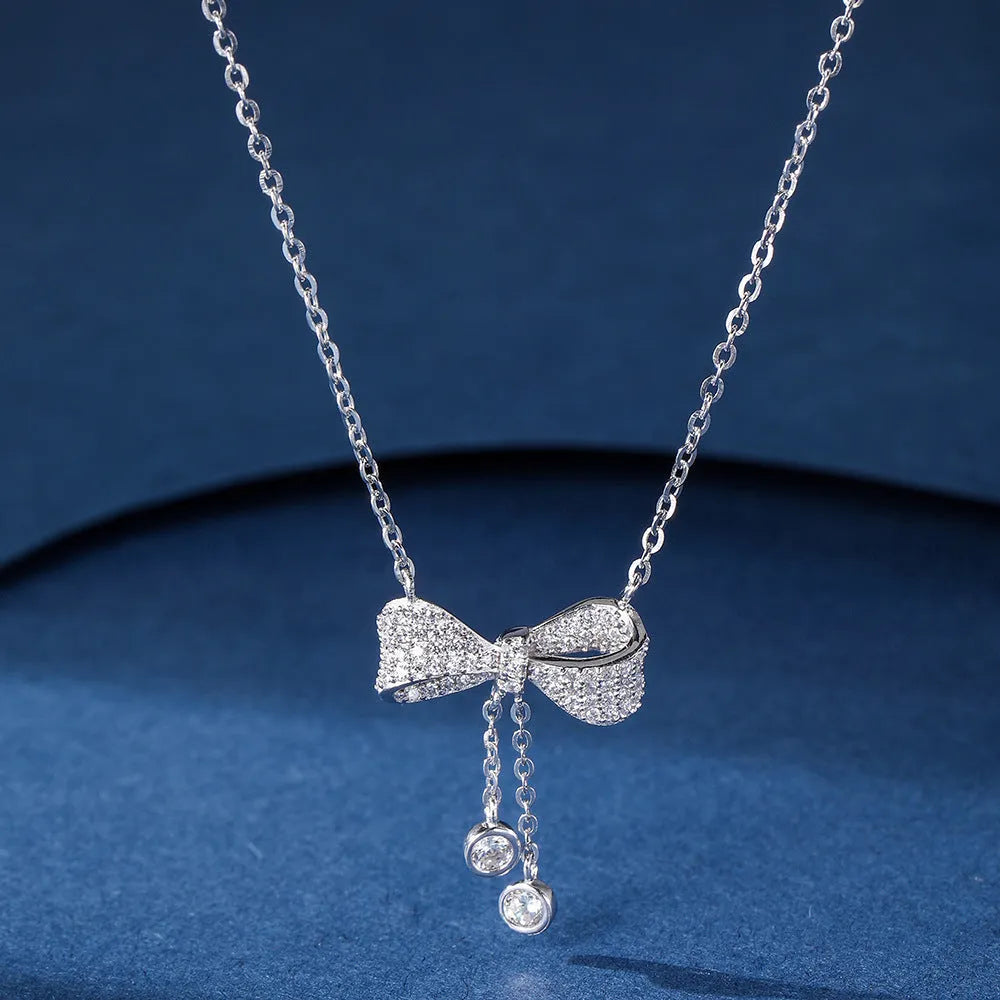 S925 sterling silver bow pendant necklace with O-ring chain, silver colour, 40-45cm length
