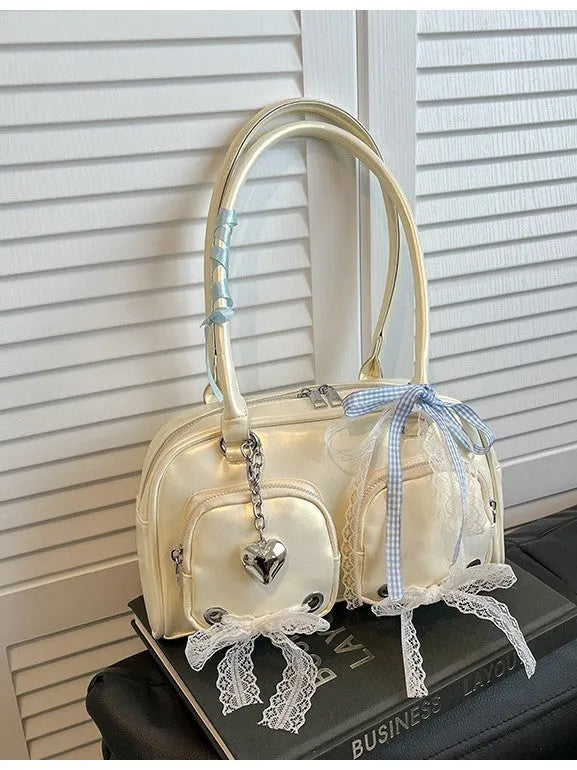 Large capacity PU shoulder bag in beige with crossbody straps and mobile phone pocket