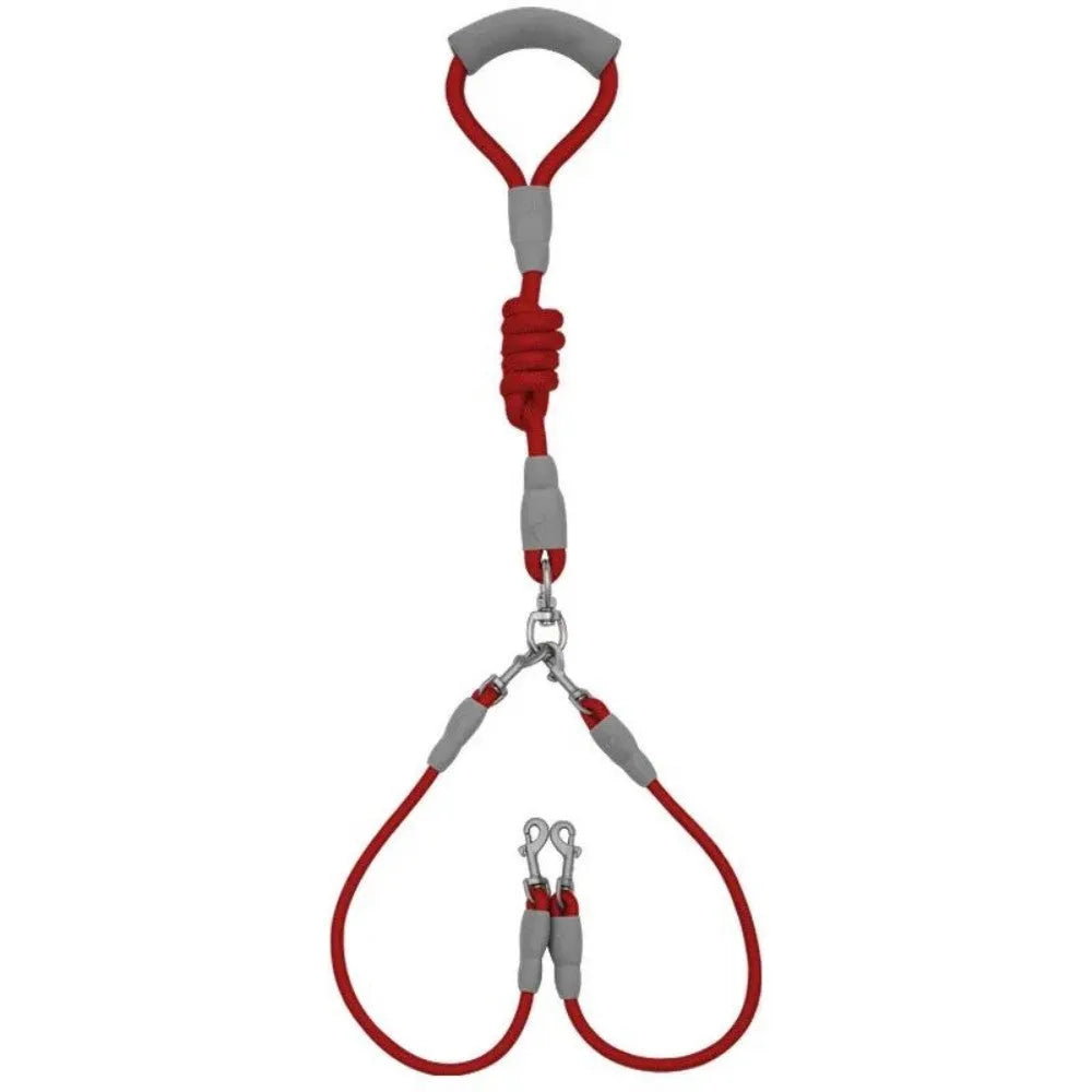 Double dog leash for two dogs with nylon rope and soft foam handle in blue colour