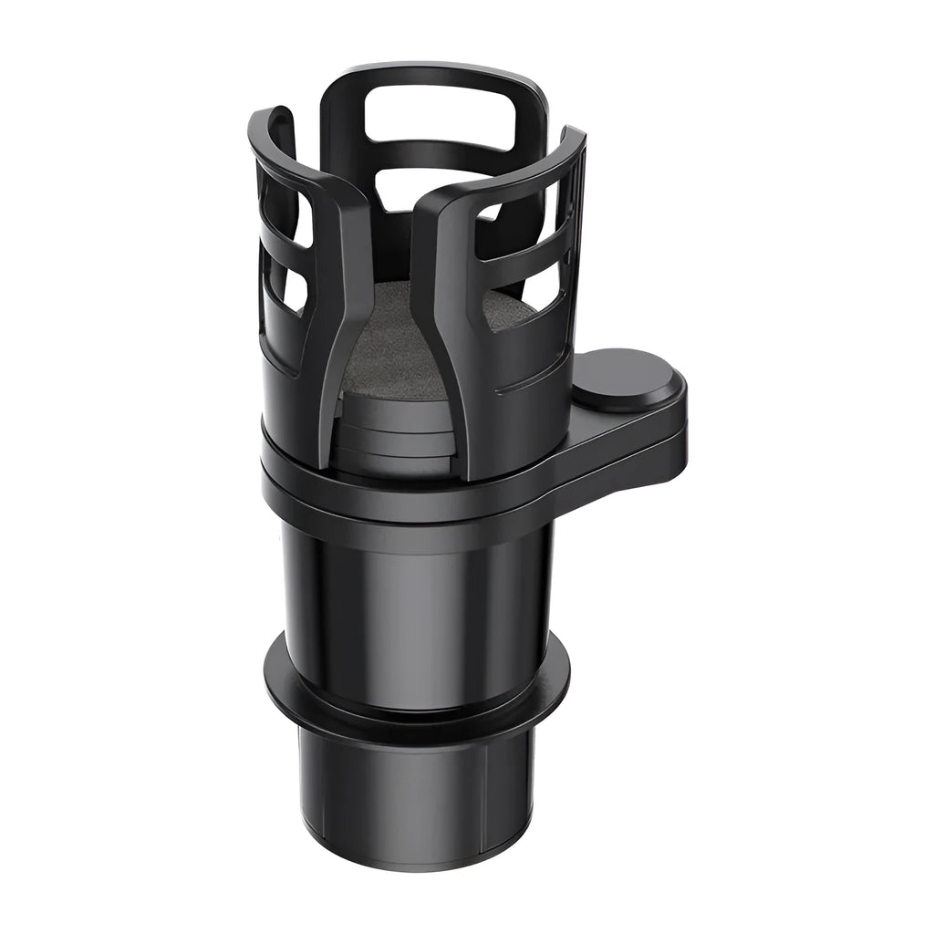 Black ABS car cup holder with retractable arms and fixed small cup, 121x87x208 mm