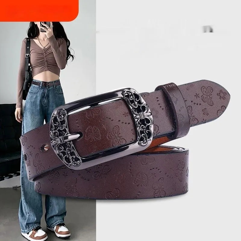 Women's thin PU leather decorative belt with alloy buckle pair in black or brown