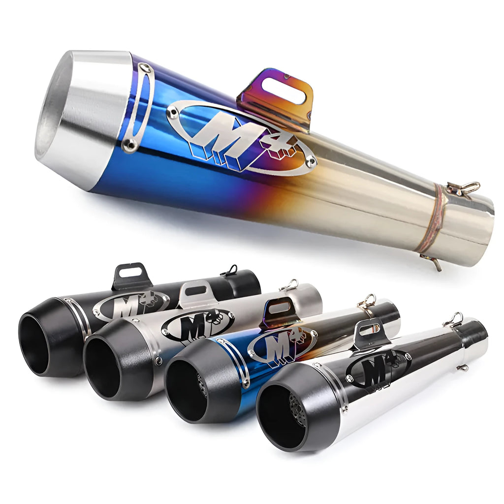Universal M4 style motorcycle exhaust pipe in various colour options for large displacement bikes.