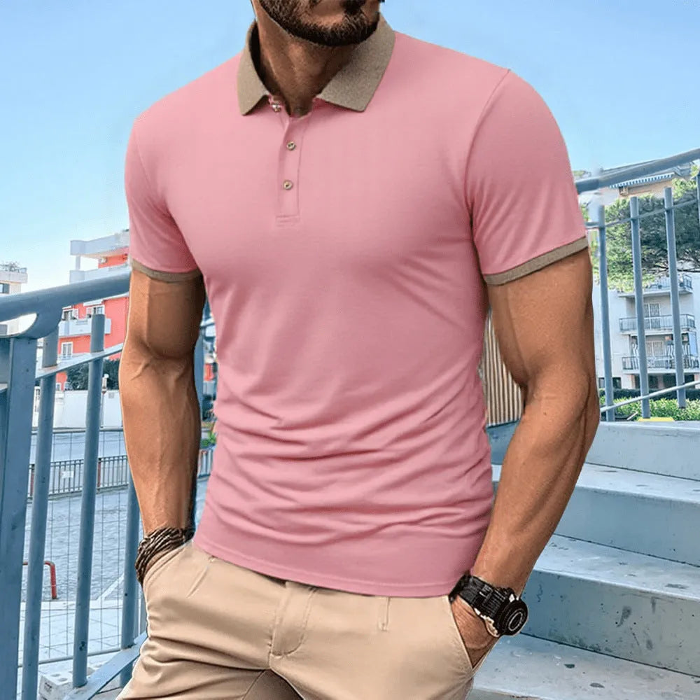 Ice silk summer polo shirt with short sleeves, a lapel collar, and a printed flocking design on the front.