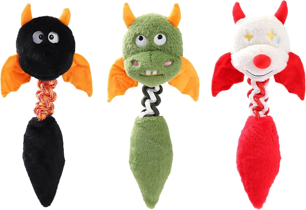 Cartoon-design plush dog toy with black, green, and red colour options on a white background.