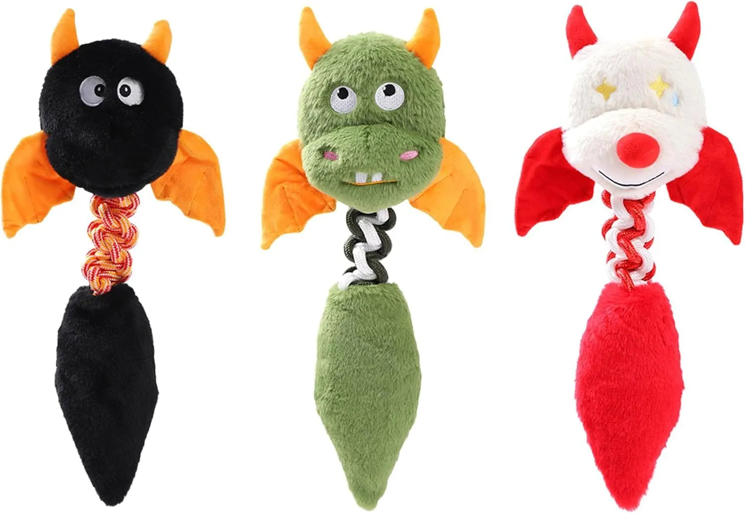 Cartoon-design plush dog toy with black, green, and red colour options on a white background.