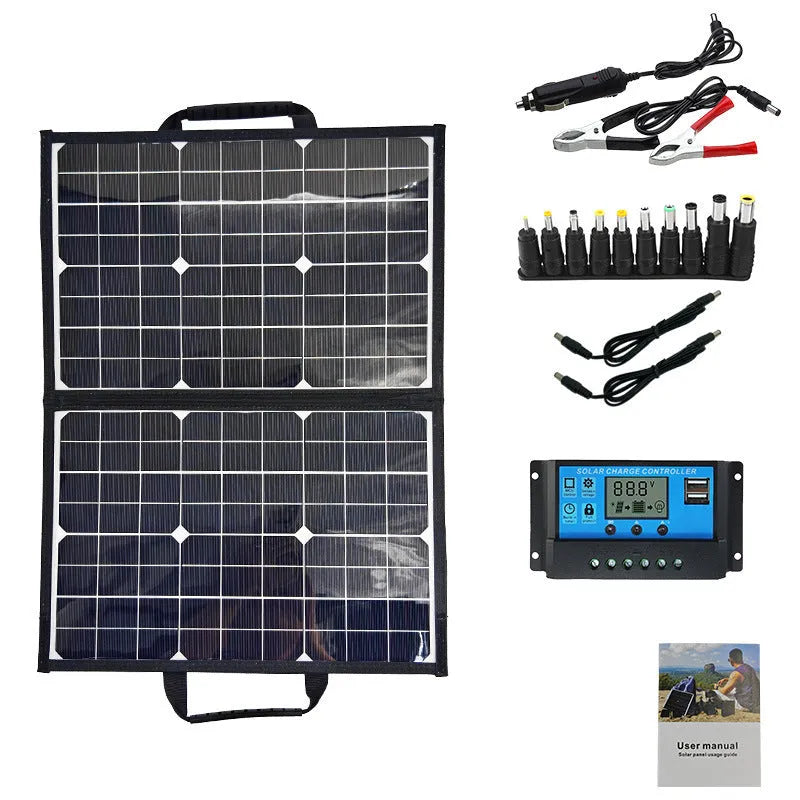 Black folding bag containing a 40W single crystal solar panel, shown folded to 425x285x8mm size.