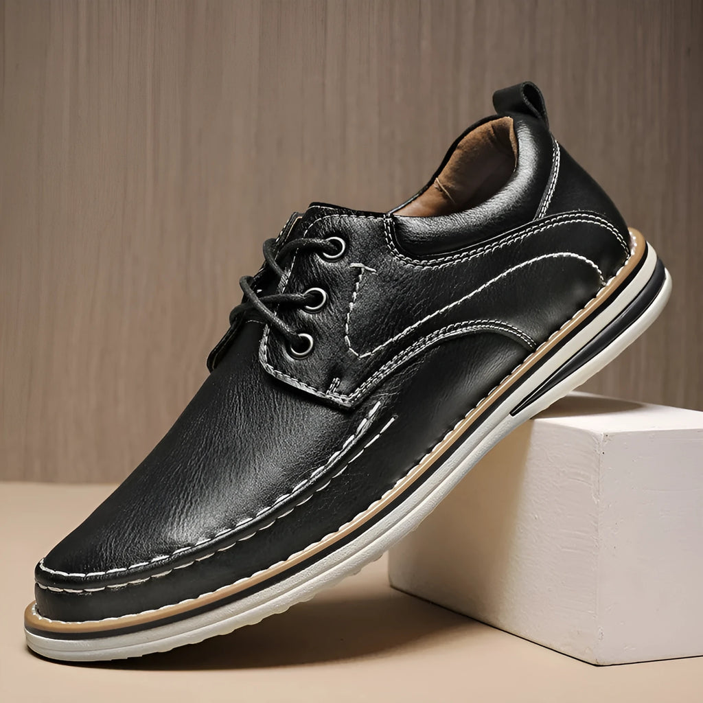 Men's black genuine leather casual lace-up shoes with round toe and low rubber sole