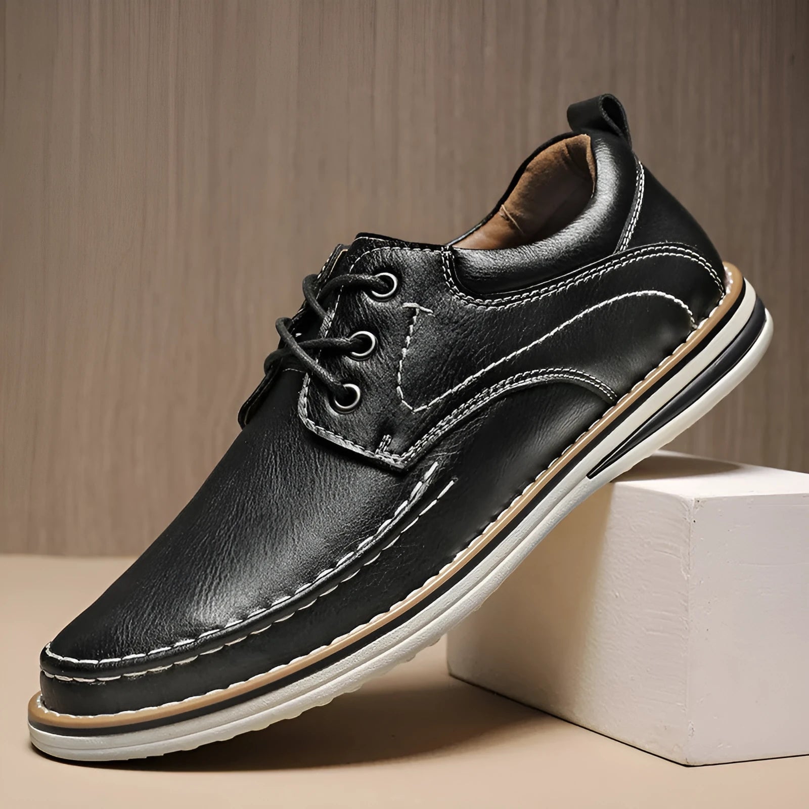 Men's black genuine leather casual lace-up shoes with round toe and low rubber sole