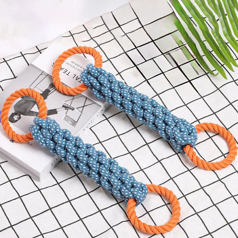 Blue braided bone rope dog toy with double rings for chewing and dental care