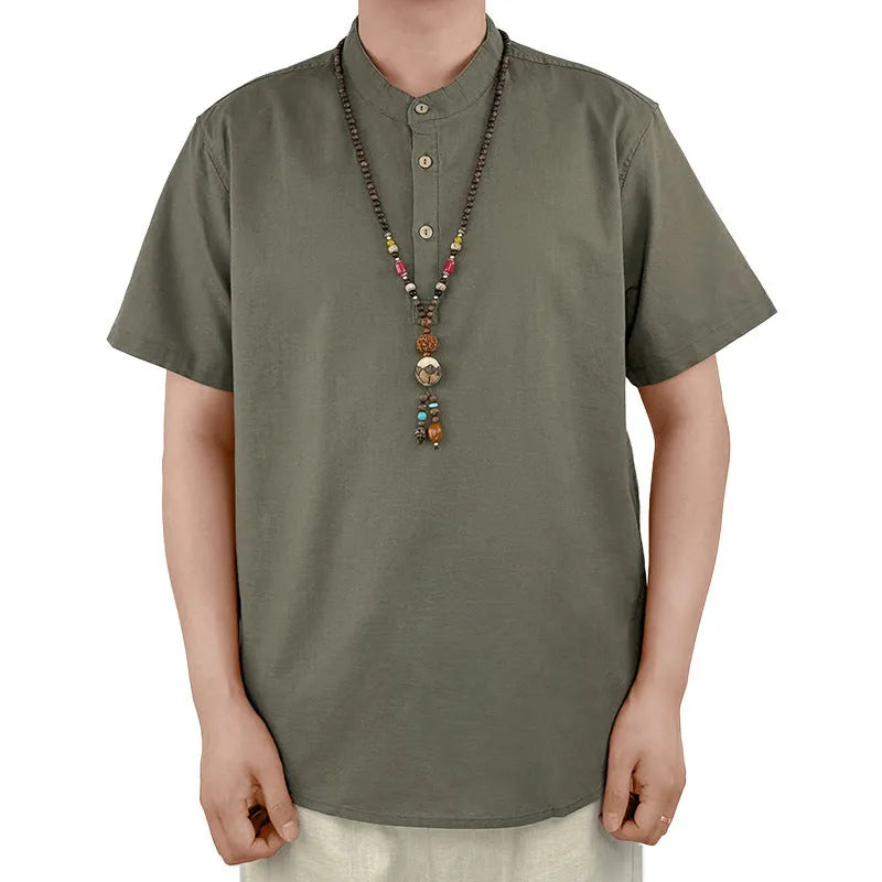 Men's solid colour short sleeve t-shirt in thin cotton linen fabric, shown in optic linen, white, grey green, and black.