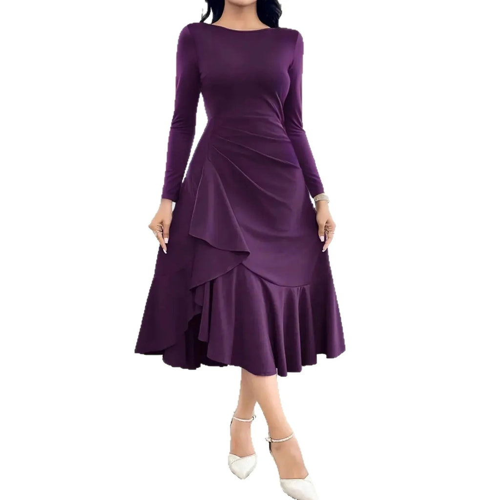 Purple women's long sleeve dress with round neck, mid waist, and ruffle detailing on a hanger.
