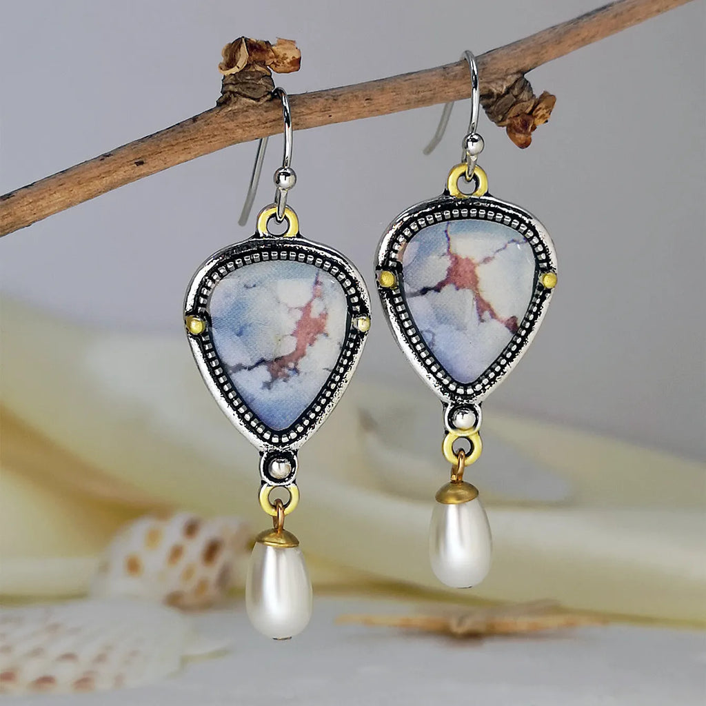 Retro blue drop earrings with geometric bohemian design and synthetic opal pearl accents