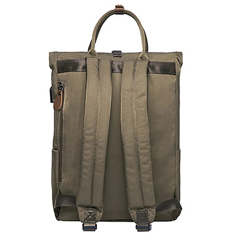 Casual polyester backpack in green colour showing cover opening flap and straps.