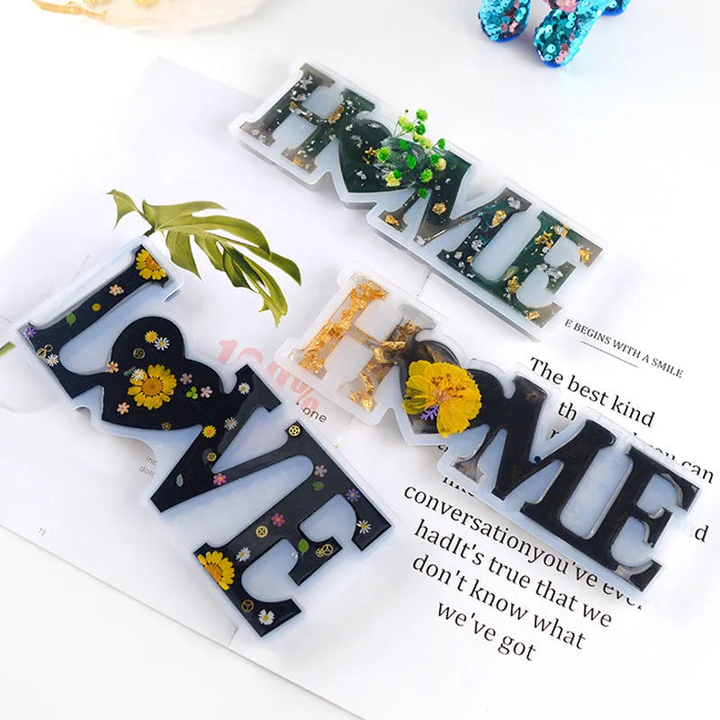 Silicone epoxy letter mould for resin crafting showing English alphabet and word details