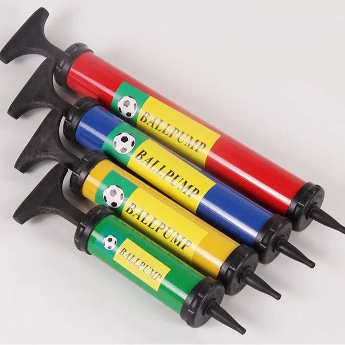 Manual plastic pump for sports balls and balloons in mixed colours with high-pressure charging cylinder