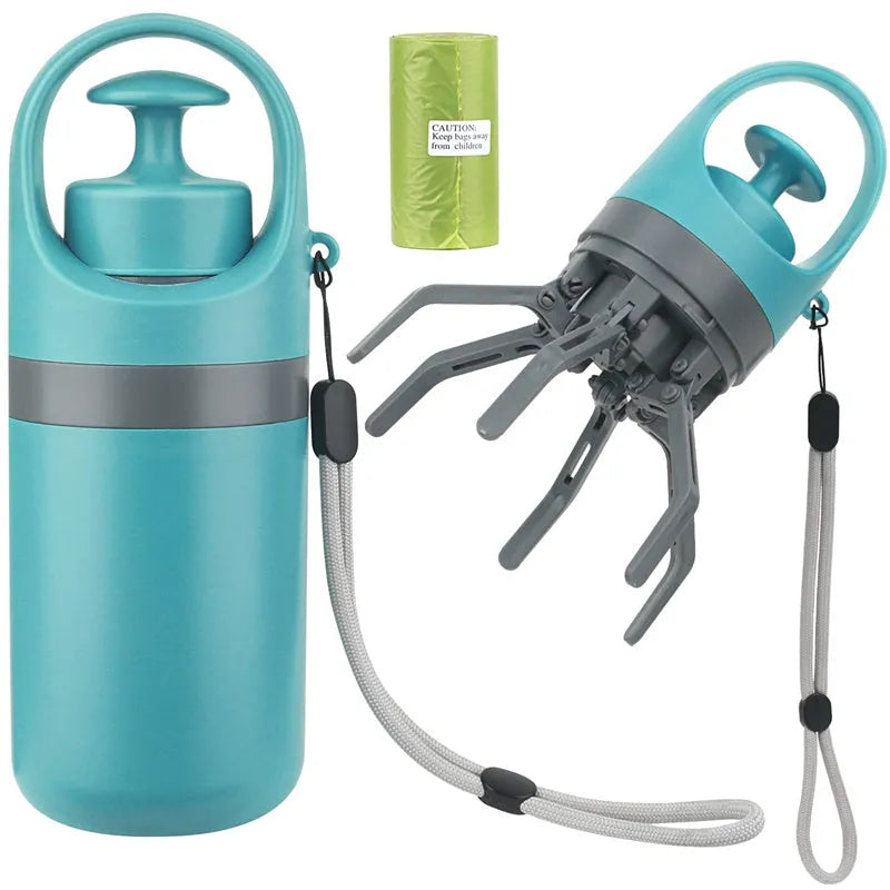 Blue portable dog pooper scooper with eight-claw mechanism and built-in bag dispenser