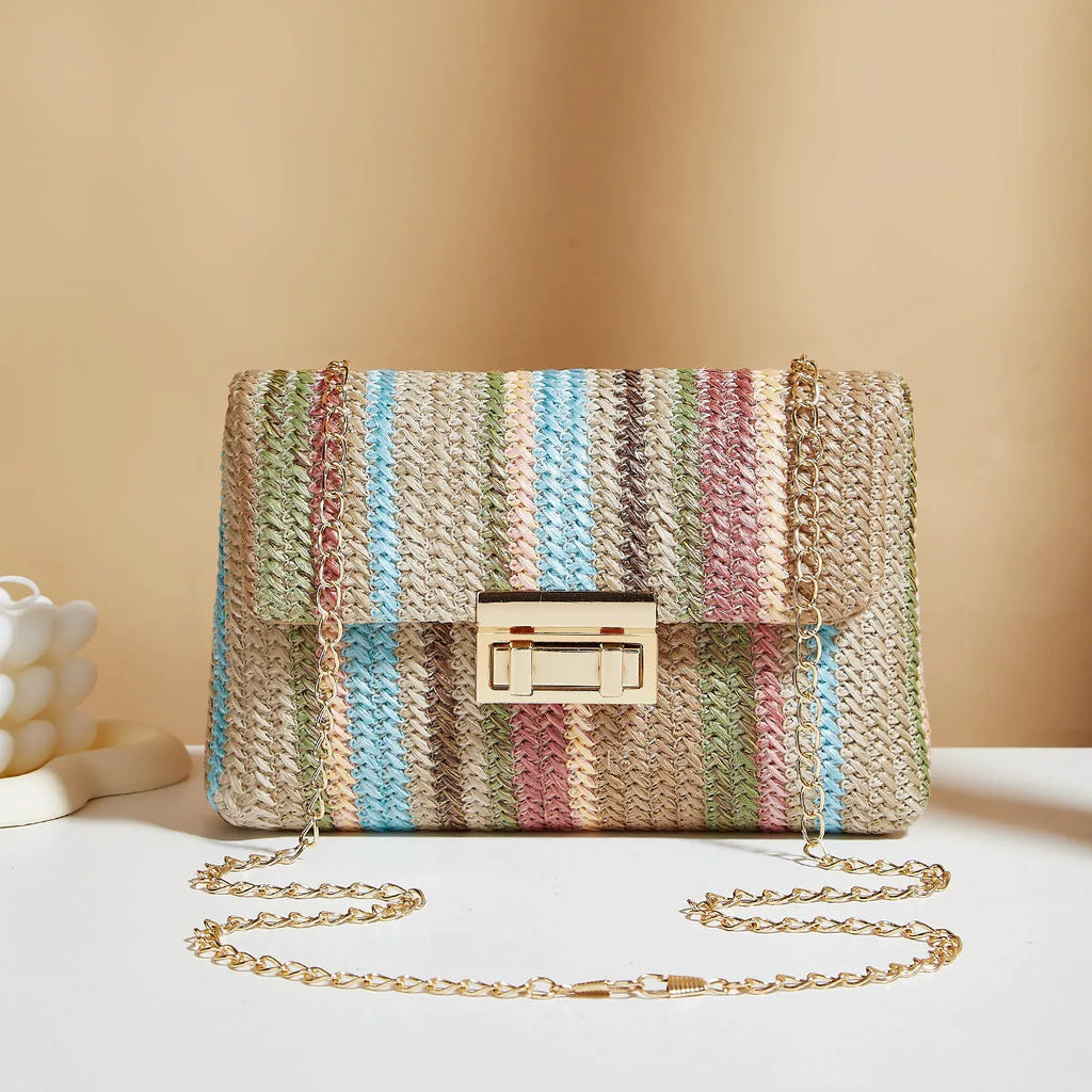 Women's small square straw cross-body bag with internal phone compartment in rainbow colour