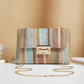 Women's small square straw cross-body bag with internal phone compartment in rainbow colour