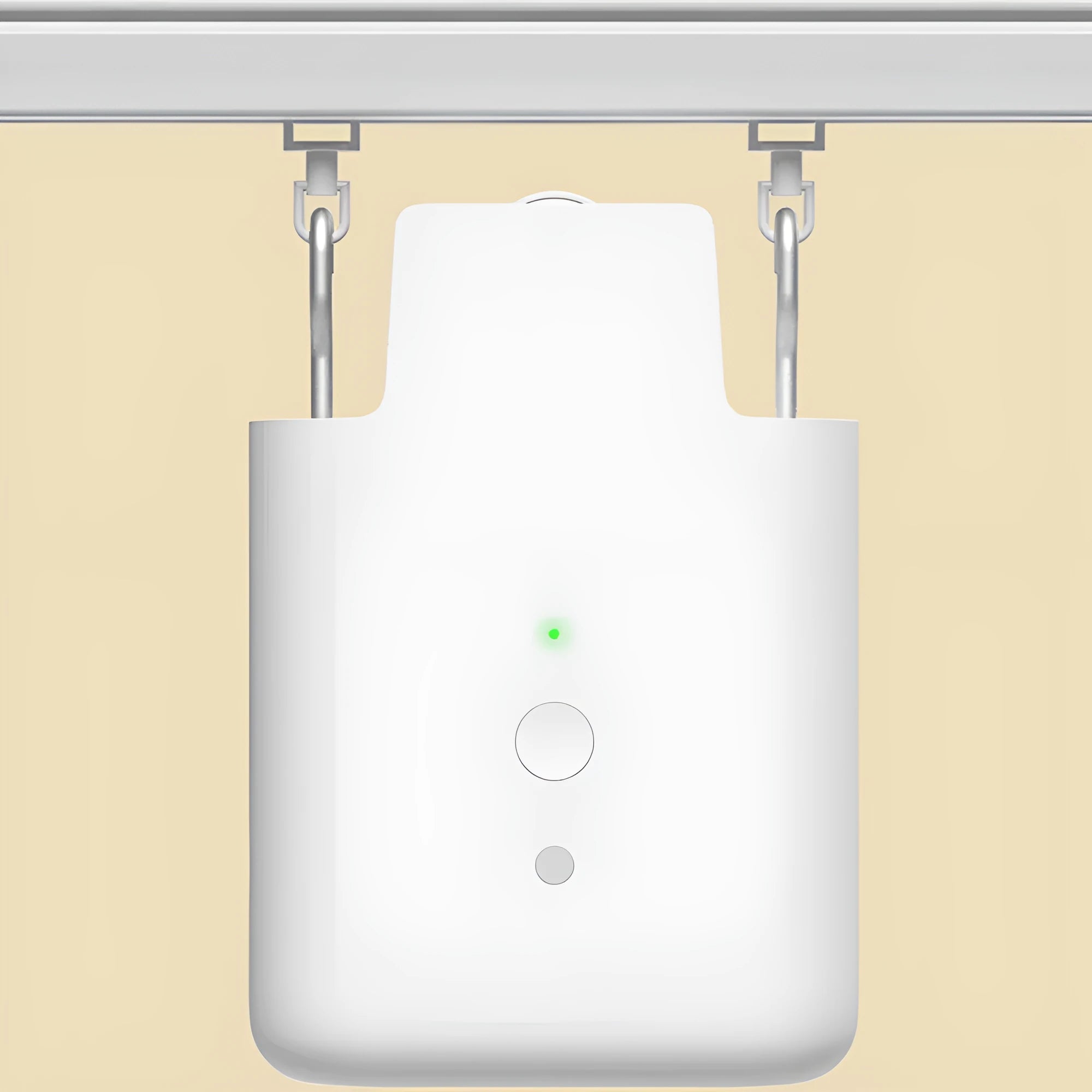 White automatic electric curtain motor unit with USB charging cable.