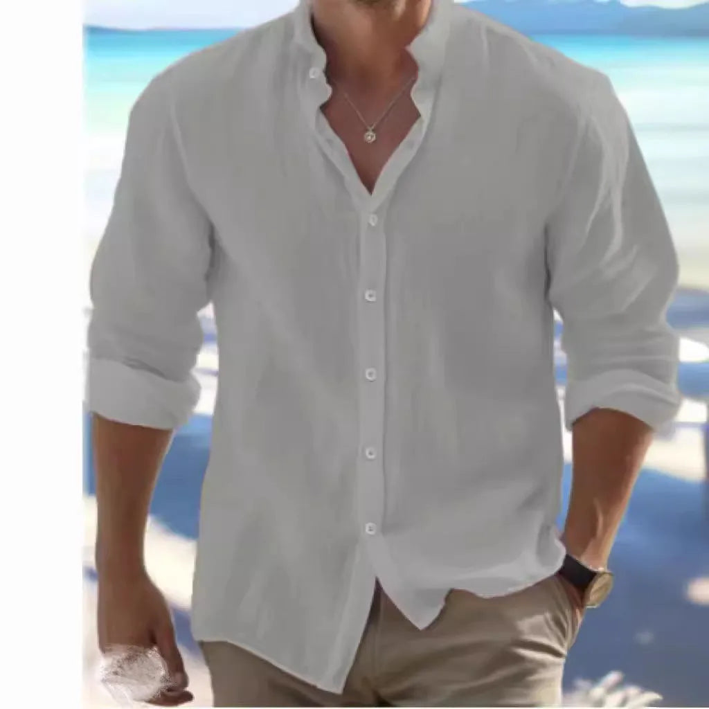 Men's long-staple cotton pullover shirt with collage stitching in light blue colour