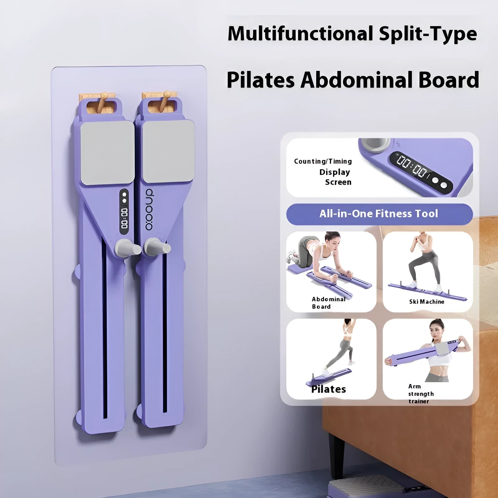 85 cm long pink and purple multifunctional split supine board ski machine trainer on a floor.