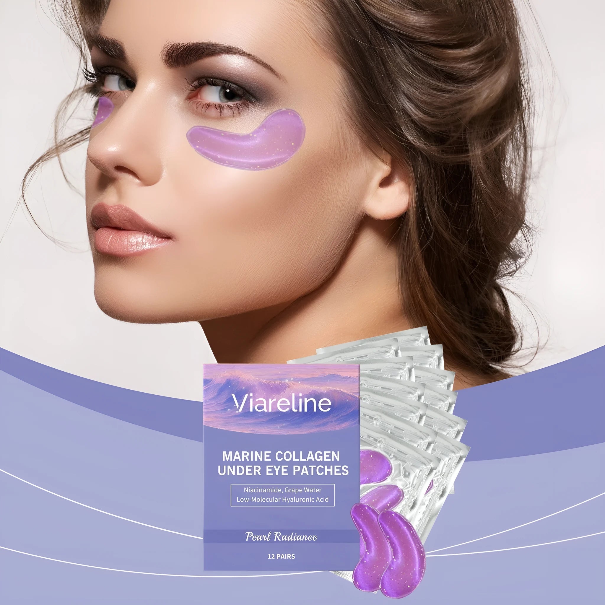 Pack of 12 collagen eye masks for skincare with hyaluronic acid and nicotinamide.