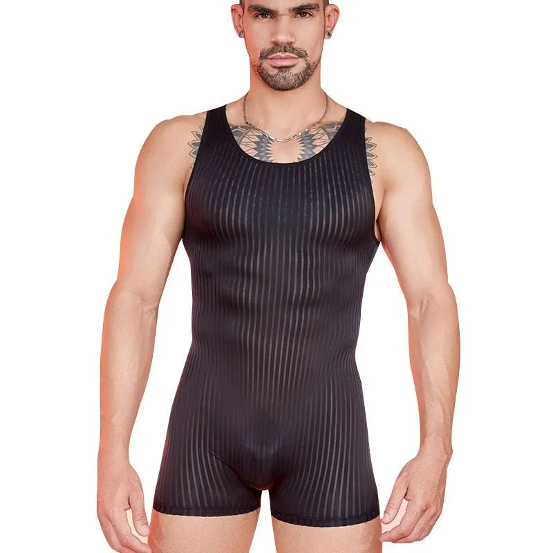 Men's striped nylon jumpsuit in free size available in black, white and dark grey