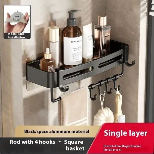 Gun grey triangular corner bathroom storage rack mounted on wall with toiletries