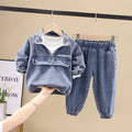 Boys' black denim two-piece suit with long sleeves, shown on a hanger.