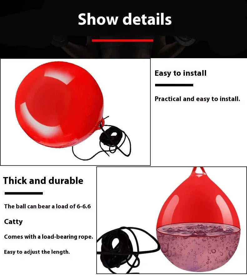 Red water-filled boxing reaction ball with hook rope attachment for martial arts training