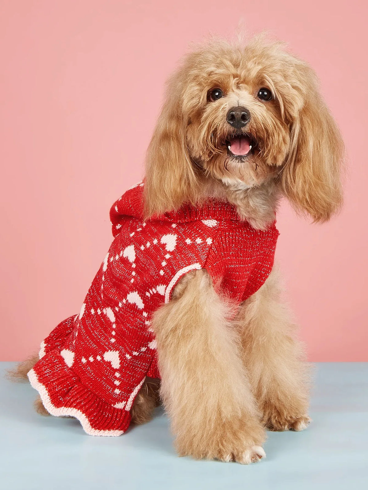 Small dog knit hoodie dress sweater with heart design in blue, gray, pink, or red, sizes XS to L