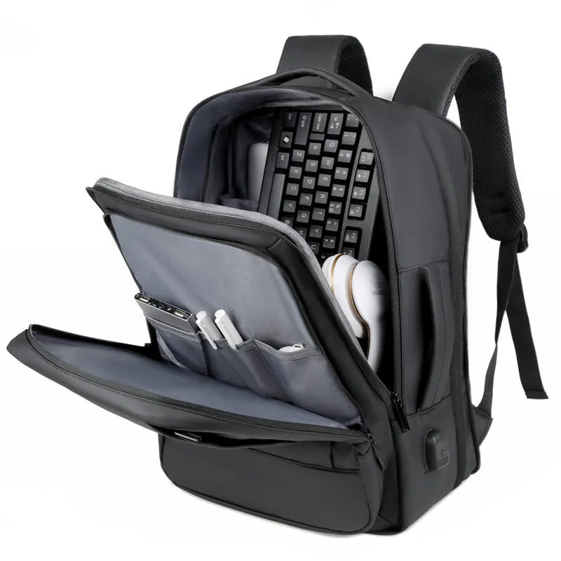 Men's large capacity waterproof backpack in black with curved shoulder straps