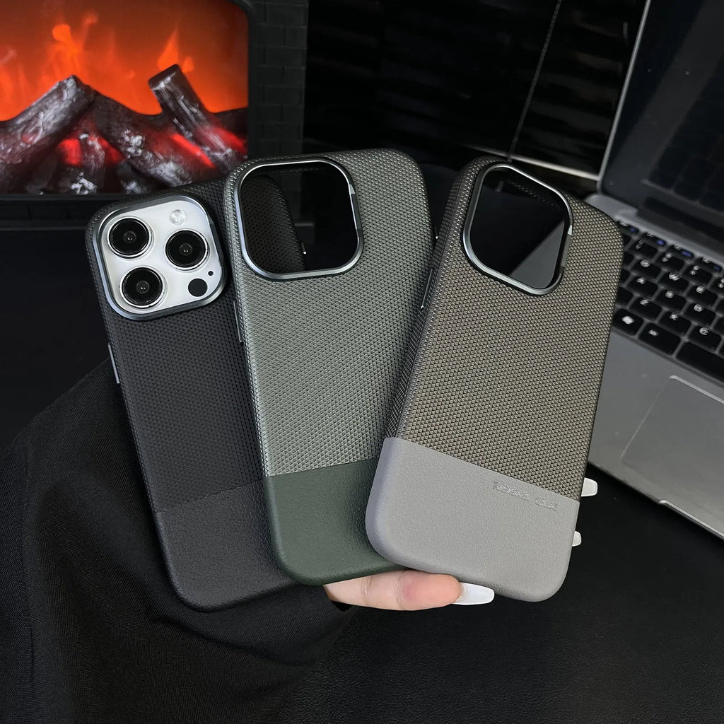 Magnetic all-inclusive iPhone case with dragon scale texture and stitching leather design in black, grey, or green