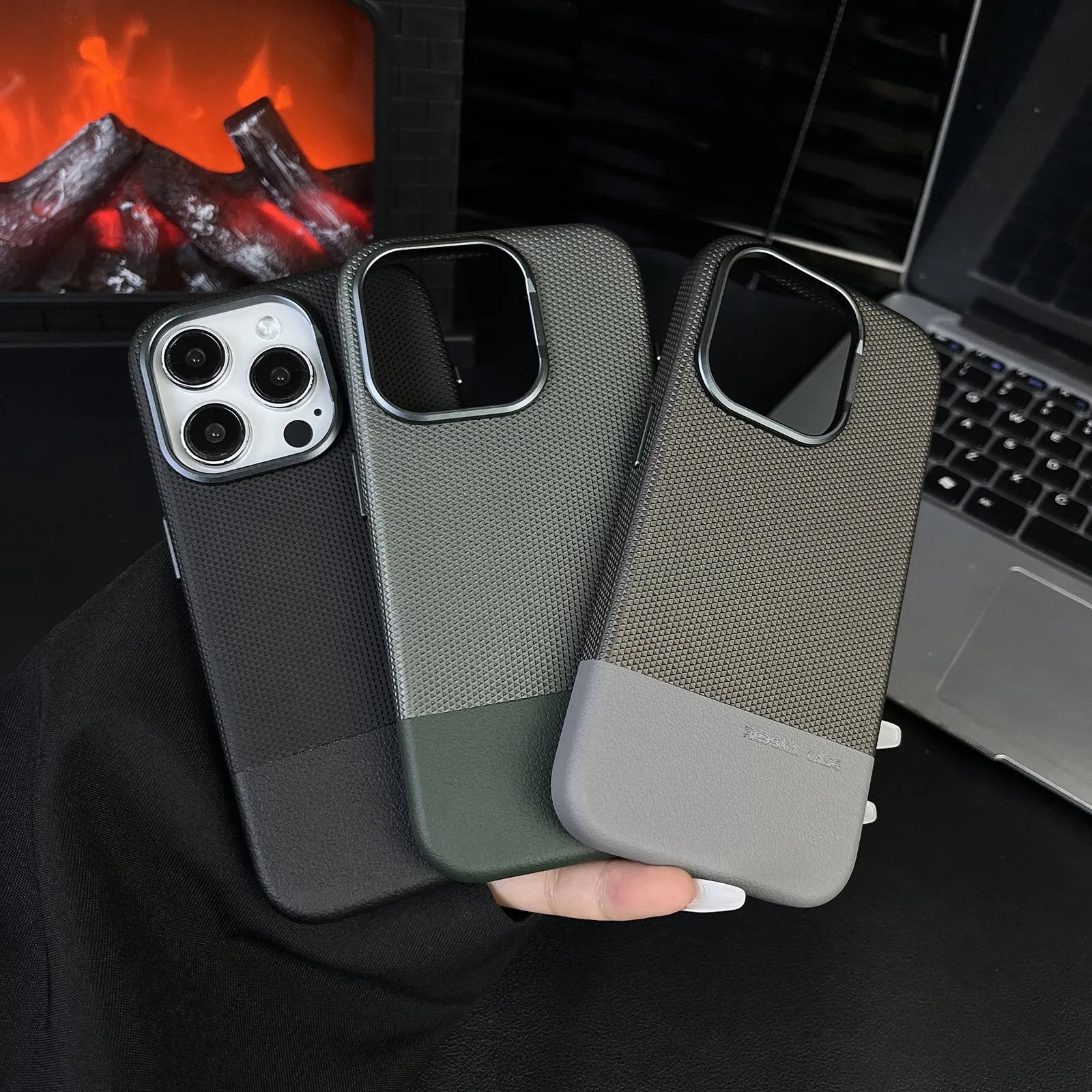 Magnetic all-inclusive iPhone case with dragon scale texture and stitching leather design in black, grey, or green