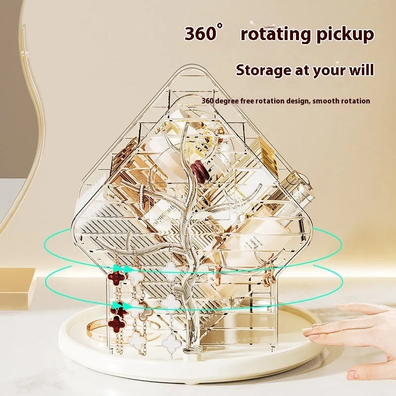 A rotating cosmetics storage box in a luxury style, shown in clear and amber gold colour options.