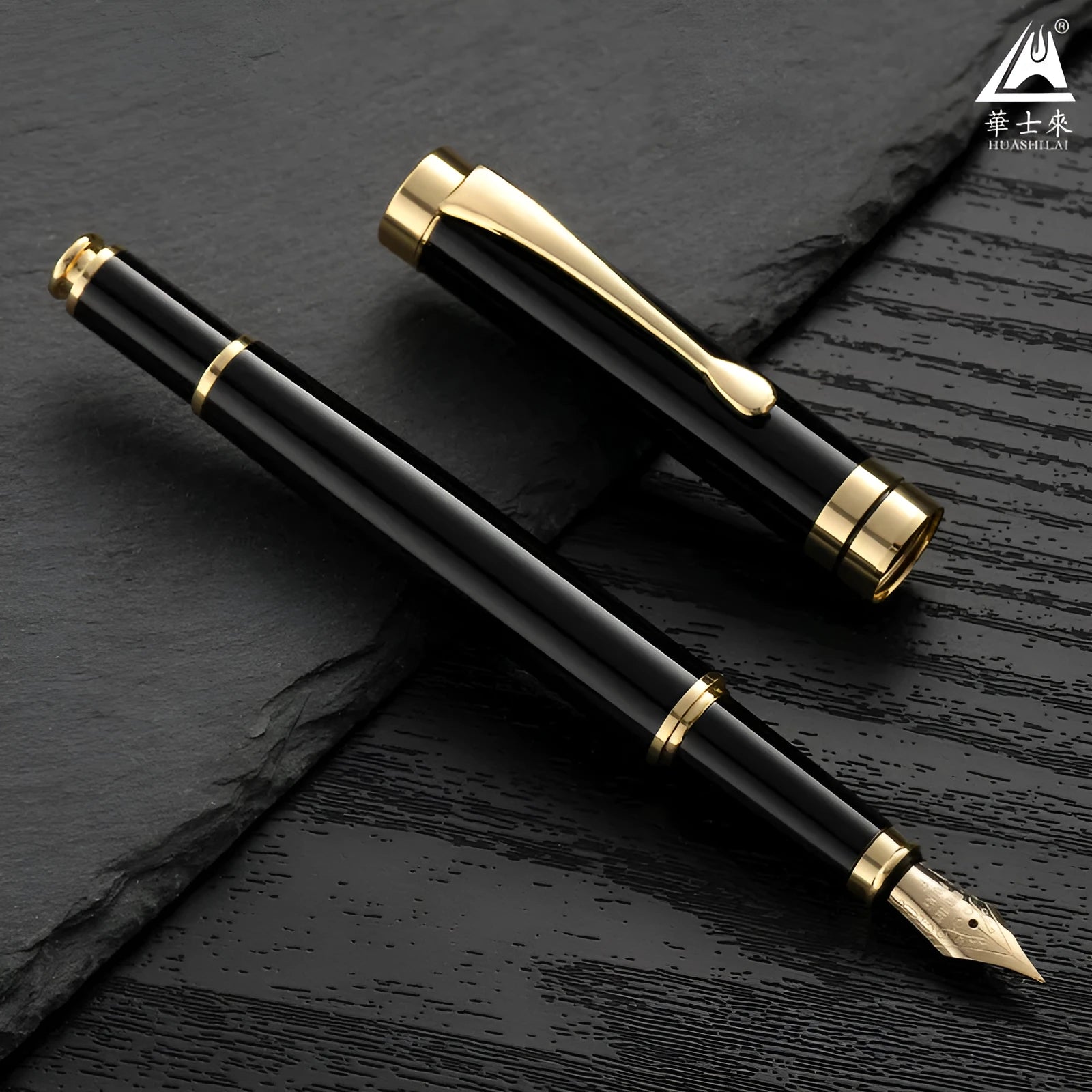 Metal fountain pen with gold clip for calligraphy practice and writing