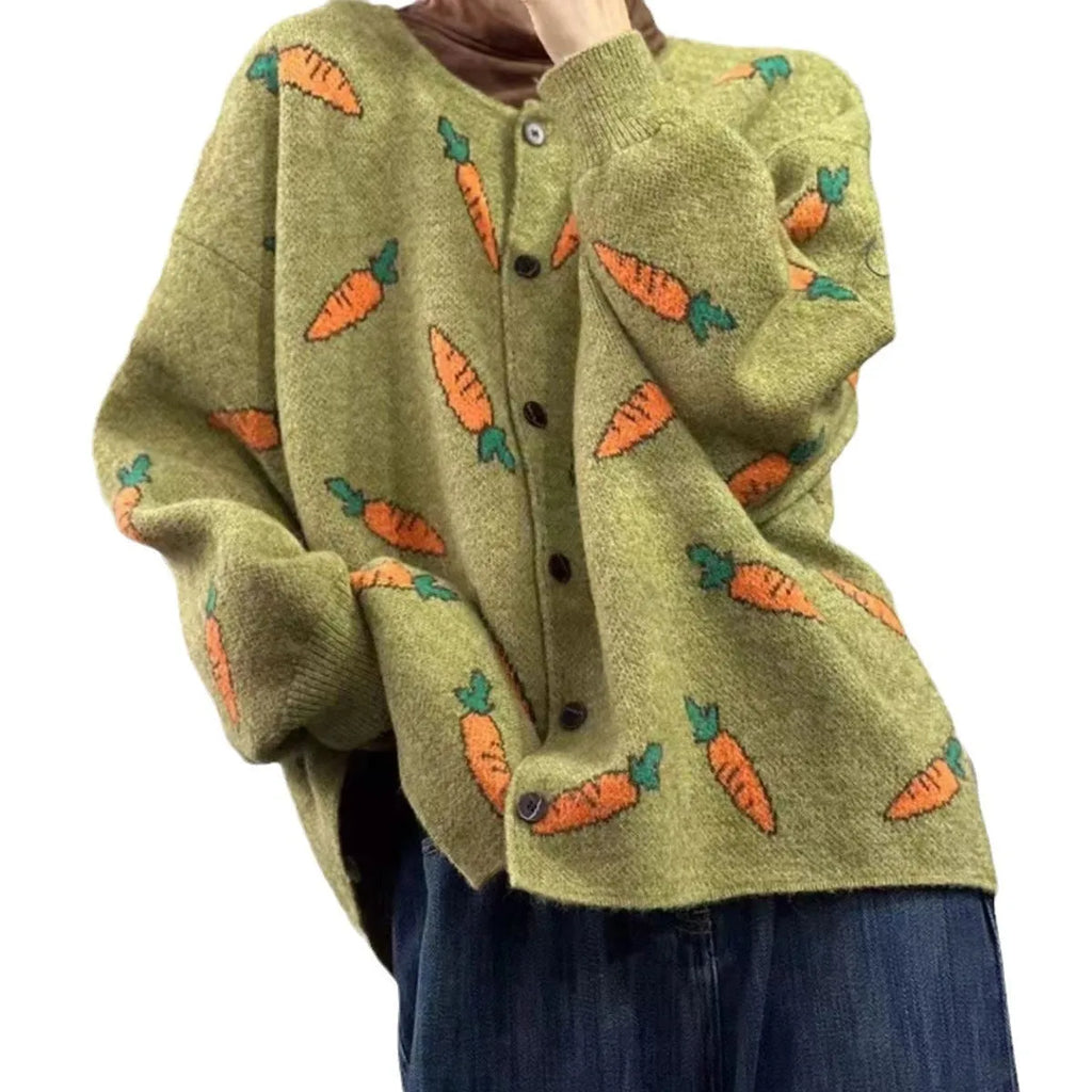 Round neck cardigan sweater with Mori artistic printing and colour contrast design