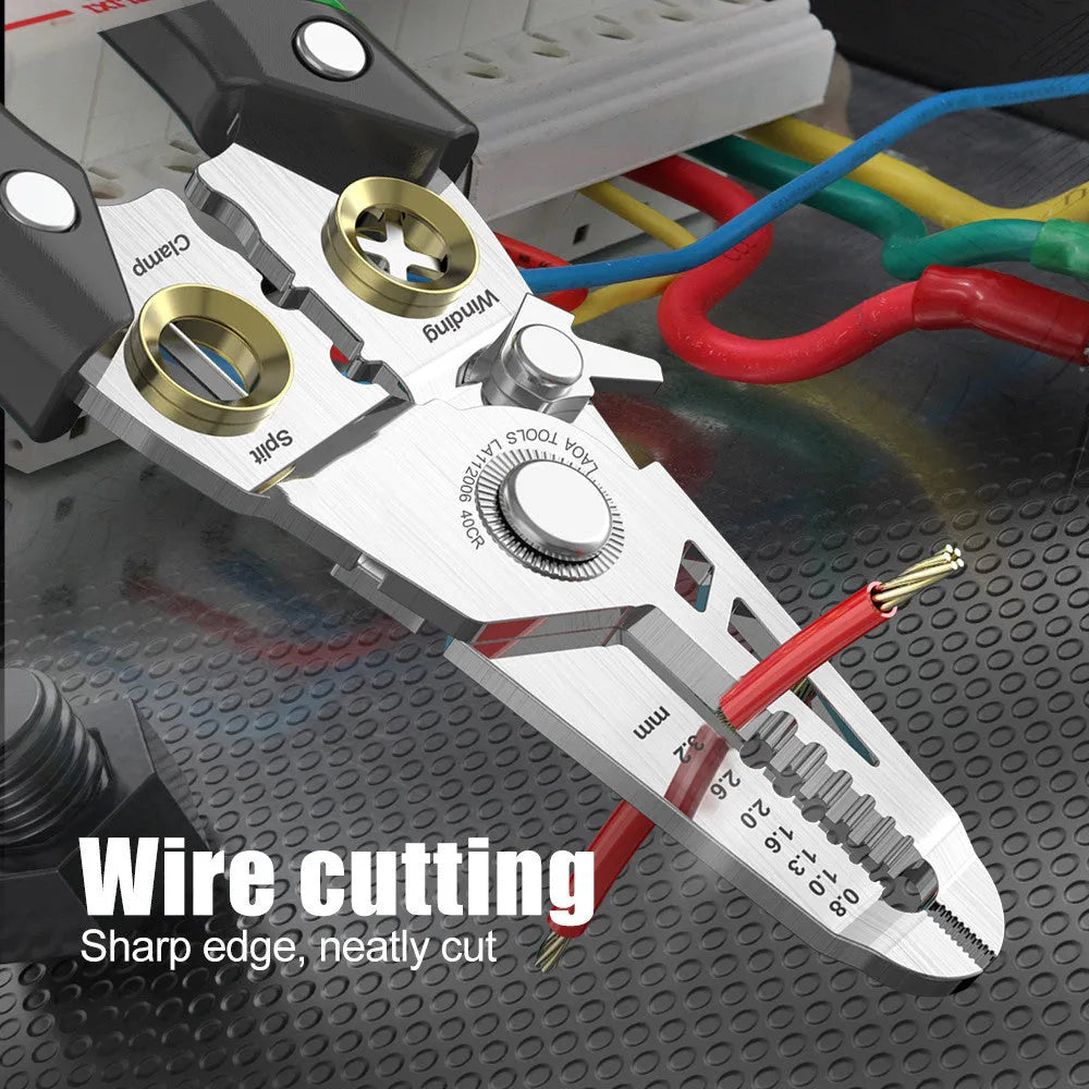 Multifunctional stainless steel wire stripper with seven apertures and straight two-colour handle
