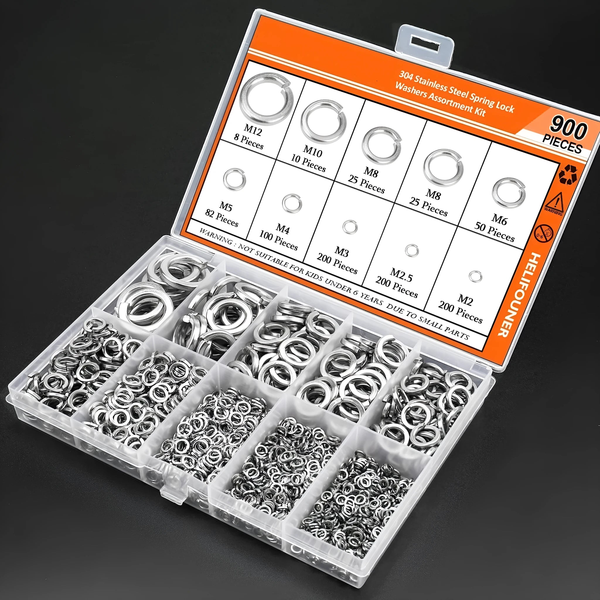 304 stainless steel spring lock washer combination box containing 900 pieces with size range for M2 to M12 bolts