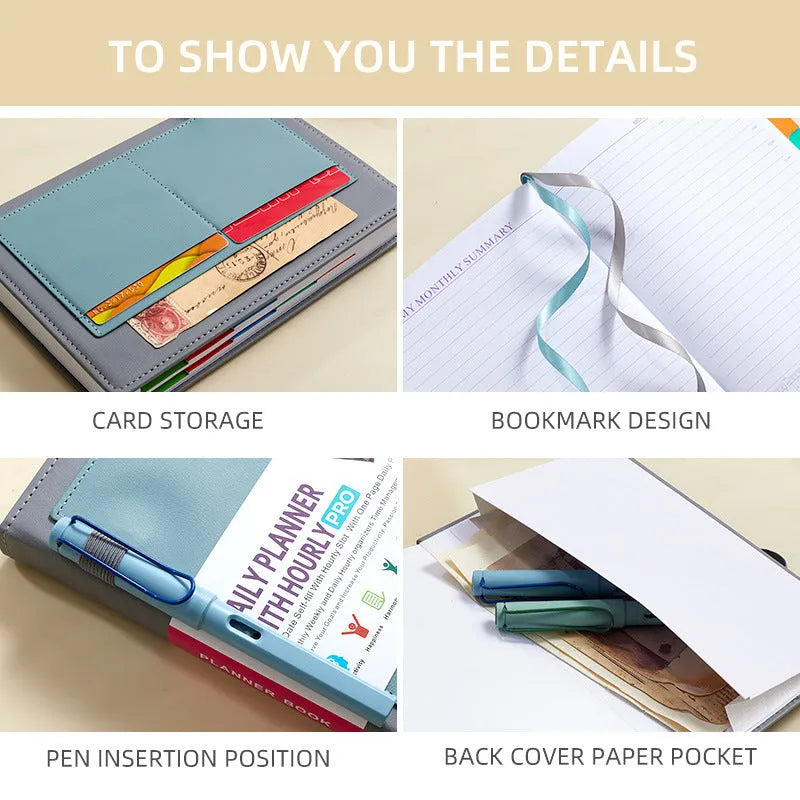 No-date notebook with PU cover and elastic strap in a choice of colours, lying open on a table.
