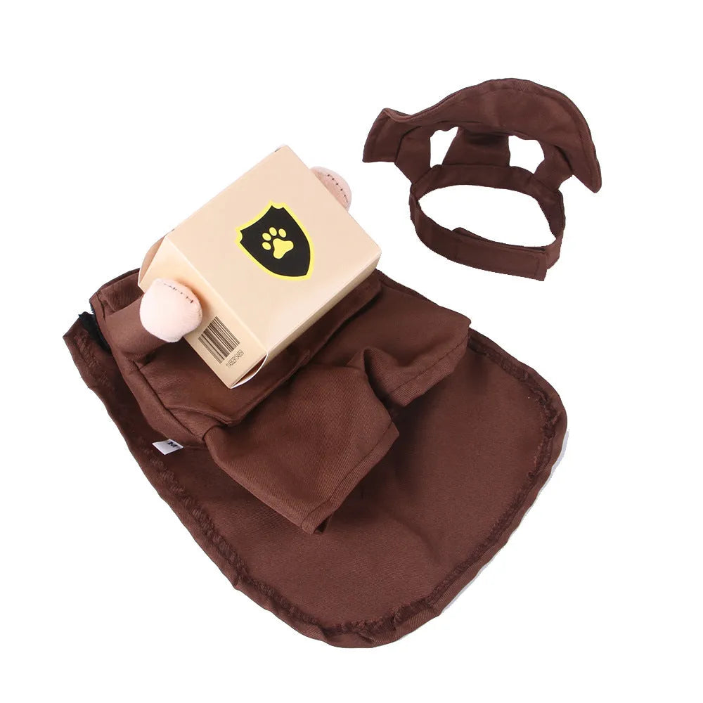 Coffee coloured standing courier-style polyester pet clothing for dogs in S M L XL sizes