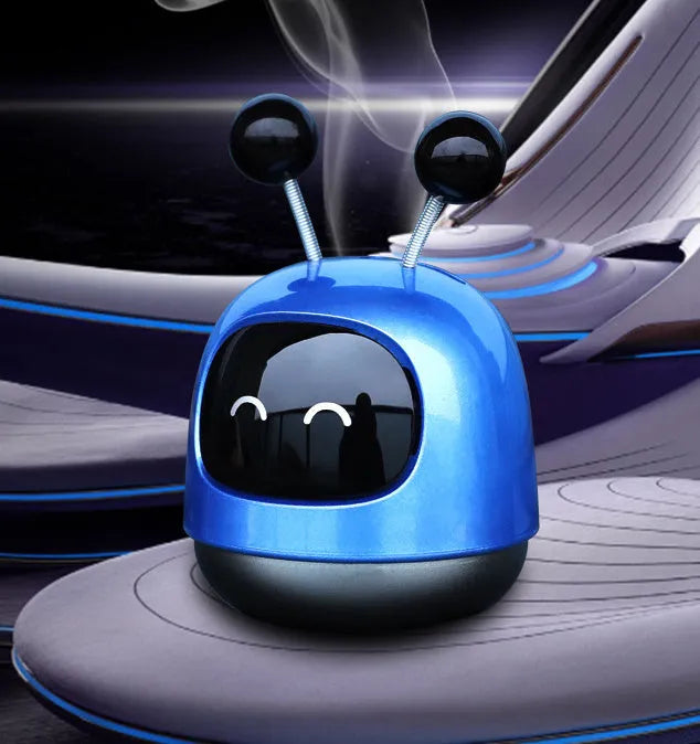 Colourful robot-shaped car vent clip aromatherapy diffuser with 40ml gel capacity.